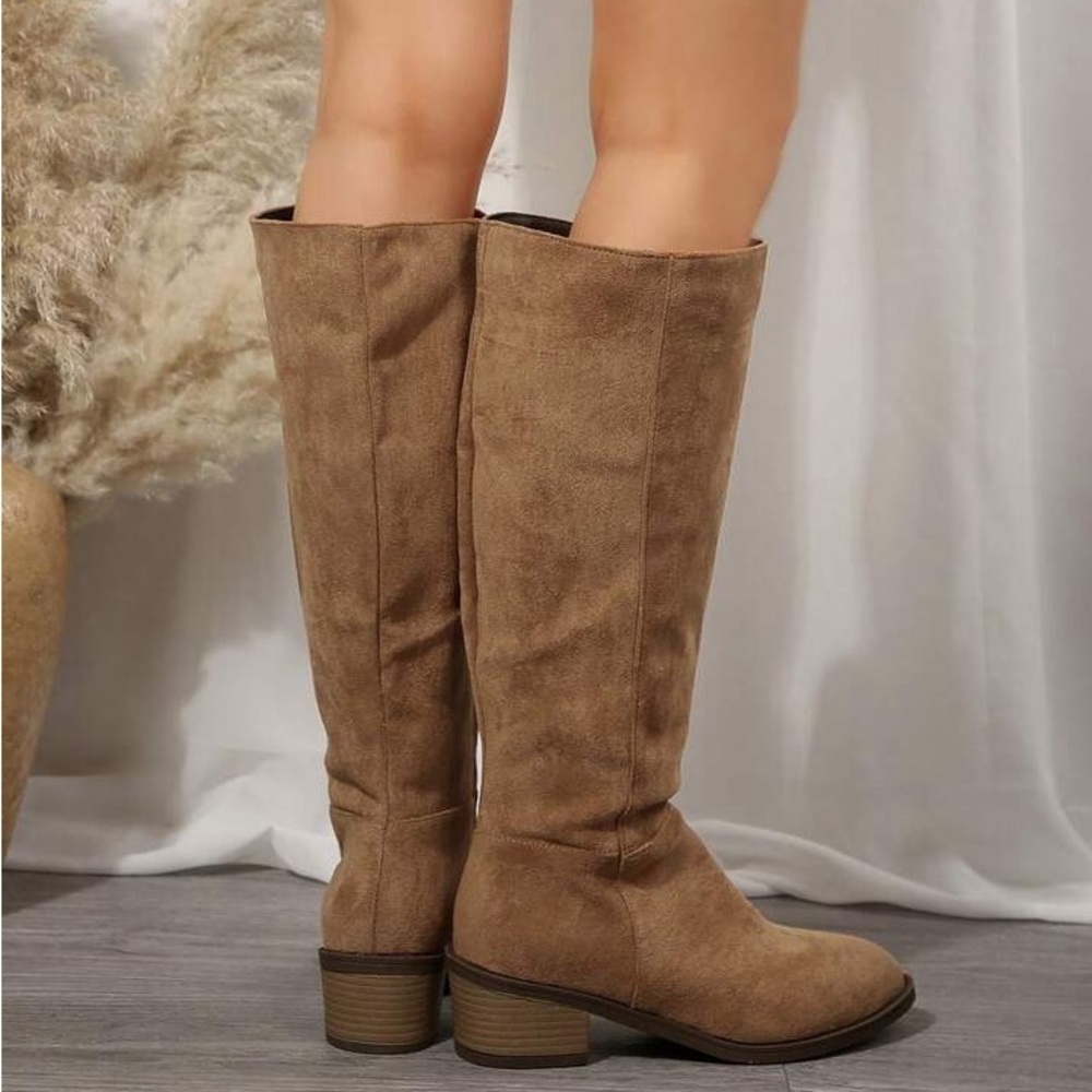 SHEIN Plus Size Suede Brown Knee-High Boots With Side Zipper And Chunky Heel - Picture 6 of 11